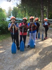 Image of three year 6 pupils kitted our for canoeing on their Year 6 School journey