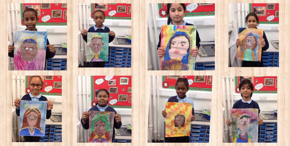 image of 9 photos of y5 children holding up their Tudor portraits