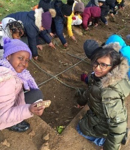 image of several children doing an archeological dig at Butser Farm
